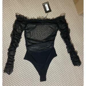 Pretty little thing Black dobby mesh  bodysuit ruched long sleeve size 6